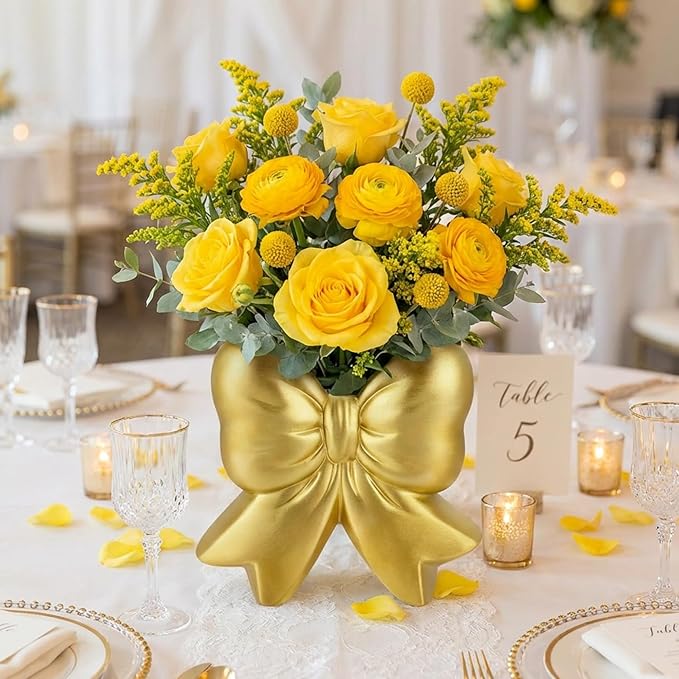 Jingmore Gold Bow Vase Coquette Ceramic Vase Pen Holder Makeup Brush Holder Contemporary Design Women Decorative Gift for Wedding Home Office Shelf Table Room(Small, Classic)