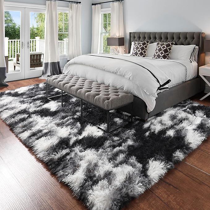 Amdrebio Black White Grey Rugs for Living Room Bedroom, 8x10 Large Fluffy Shaggy Furry Area Rug for Kids Room Dorm Home Office Apartment, Fuzzy Shag Plush Floor Modern Cool Carpet for Men Teen Boys