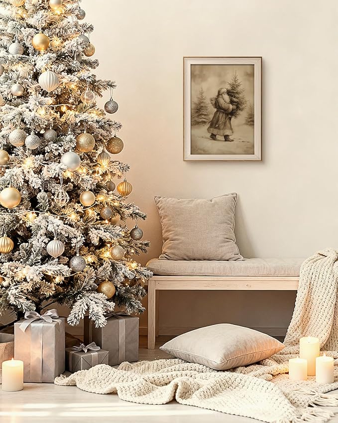 VIYYIEA Framed Wall Art for Living Room, Santa Claus Delivering a Christmas Tree Canvas Painting, a perfect holiday home decoration and gift for friends and family - 12 x 16 inches