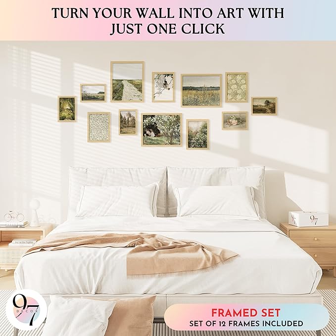 97 Decor Vintage FRAMED Wall Art - Framed Vintage Wall Art Prints, Vintage Posters For Room Aesthetic, Lanscape Prints For Walls Decor, Moody Gallery Pictures Botanical Paintings For Home Bedroom (BEIGE FRAME)