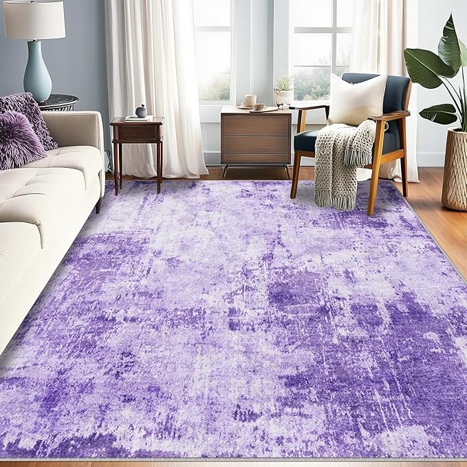 RELEANY Washable Area Rugs 7'x9' Non-Slip Modern Abstract Soft for Living Room Entryway Bedroom Nursery, Print Pattern, Purple Gray Pink White