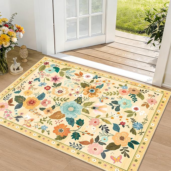RELEANY Floral Nursery 2x3 Area Rugs Washable Print Boho Cute Carpet Non Slip Flower Low Pile for Living Room Kids Girls Plaroom Bedroom Kitchen Office Farmhouse-Ivory/Yellow