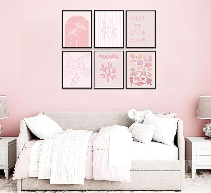 6Pcs Pink Coastal Preppy Wall art Beach Granddaughter Aesthetic Room Painting Picture Wall Decor Shells Oyster Starfish Poster Print Artwork for Girls Room Girls Dorm Home Decoration 8x10in