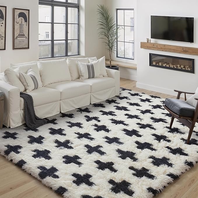 PureCozy Black and White Rug 5x7 for Living Room, Super Soft Modern Shag Rug Washable Fluffy Rugs Indoor Fuzzy Carpet Non-Slip Fluffy Rugs for Bedroom Home Aesthetic Decor