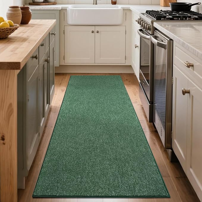 FinRèc 2x6 Washable Runner Rugs for Kitchen Hallway Bedroom, Low Pile Thin Rug Solid Color, Non-Slip Carpet Indoor for Home Decor (Green/White)