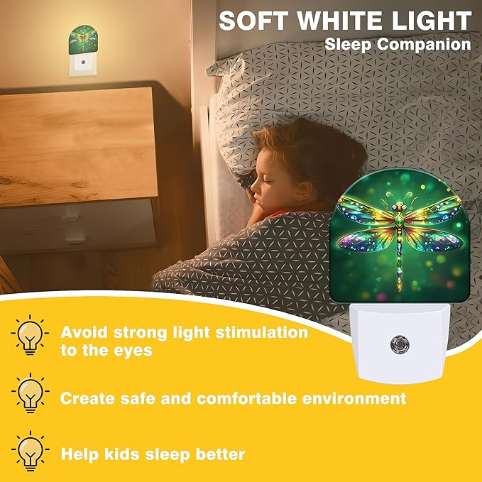Night Light, Glitter Dragonfly Night Lights Plug into Wall Dusk to Dawn Sensor Round Nightlight for Women Men Energy Efficient Led Lamp 0.5W for Stairway Hallway Bedroom