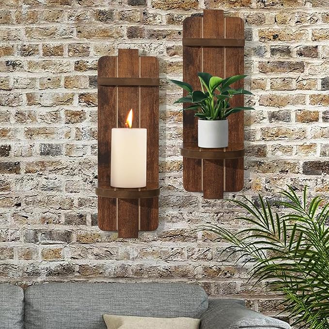 Rustic Candle Holder Set of 2 – Vintage Brown Wooden Wall Sconces for Fireplace, Bedroom & Living Room – Farmhouse Wall Decor with Candle Shelf for Home, Aisle, Hallway