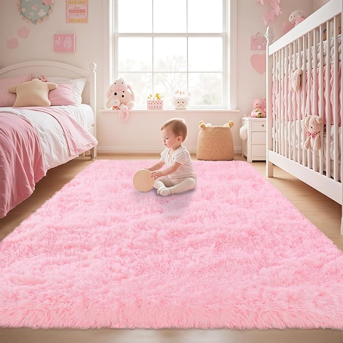 Fluffy Pink Area Rug for Bedroom Living Room Soft 5x7 Fuzzy Washable Rugs Non-Shedding Indoor Plush Rug for Nursery Kids Room Dorm Room Home Decor, High Pile Shaggy Floor Carpets(Pink 5'x7')