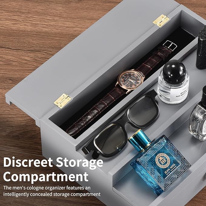 Perfume Organizer for Men, 3 Tier Wood Perfume Display Stand with Velvet Lining Drawer and Hidden Compartment for Watch,Jewelry,Perfume Display Risers,A Gift for Men (Gray)