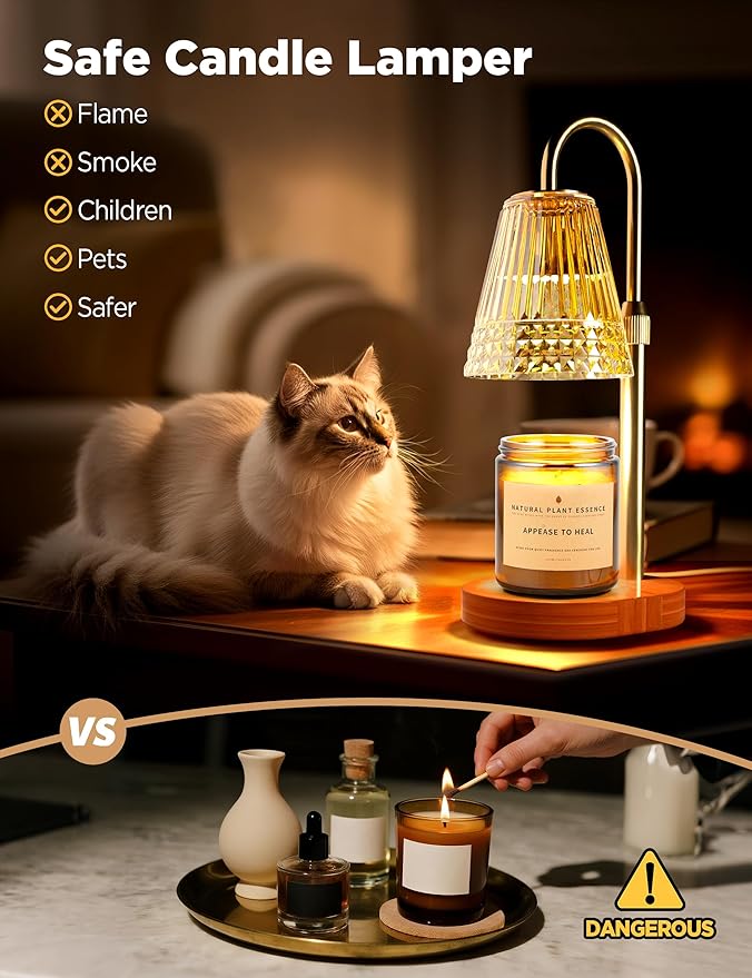 TATAANTY Candle Warmer Lamp with Timer, Wood Base Home Decor Candle Warmers, 4 Lights and 3 Timers. Table Lamp Birthday Gift for Women, Suitable for Room, Bedroom, Offices, and Living Rooms