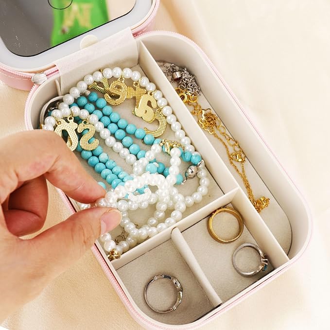 Personalized Birth Flower Travel Jewelry Box with Mirror Custom Name Travel Makeup Case with Led Mirror Small Travel Jewelry Case Organizer with Light Up Mirror for Women Mom