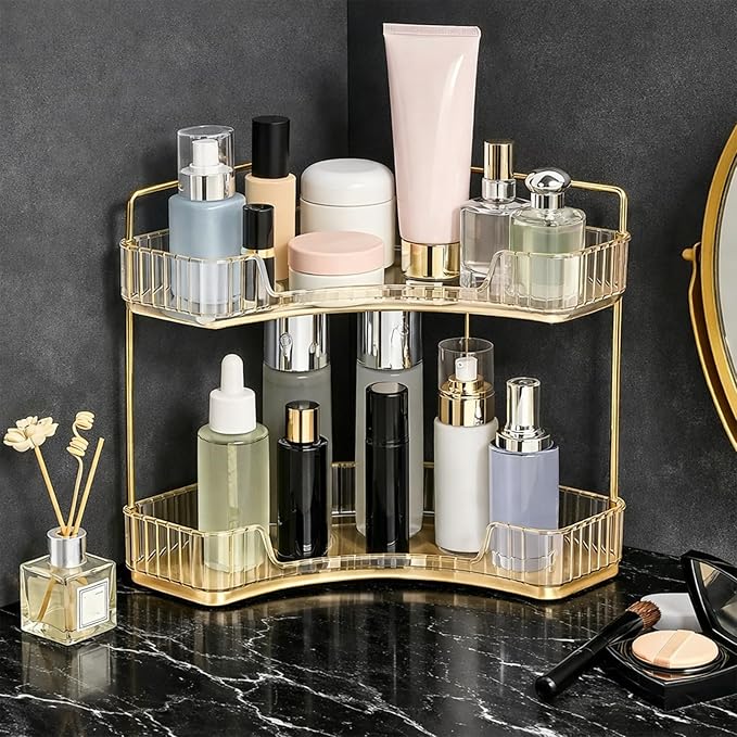Multi-Tier Corner Countertop Organizer Rack, 3-Tier 90° Space-Saving Bathroom Counter Organizer, Tool-Free Makeup and Skincare Shelf for Vanity, Dresser, Kitchen and Toiletries (Gold-2tier)