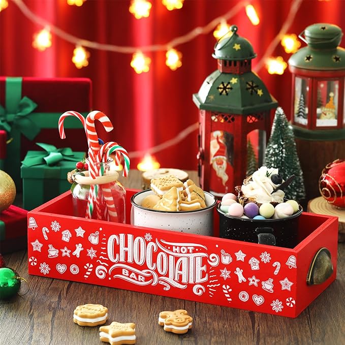 Soaoo Christmas Hot Cocoa Bar Wood Storage Box Cocoa Decorative Organizer Christmas Basket Organizer Bins Xmas Open Holder Box for Home Kitchen Office Holiday Gift(Red, White,Cane)