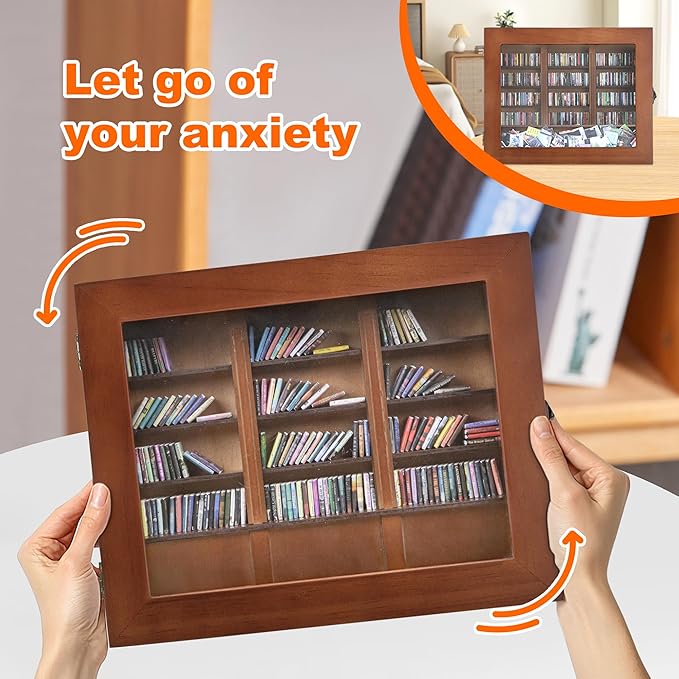 Anxiety Mini Bookshelf Mini Books with 300PCS Mini Bookshelf Shake Away Your Anxiety Wooden Miniature Book Library for Stress Relief, Home and Office Decor, Unique Gift for Book Lovers-Brown