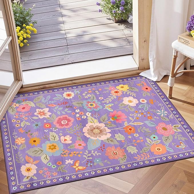 RELEANY Floral Nursery 2x3 Area Rugs Washable Print Boho Cute Carpet Non Slip Flower Low Pile for Living Room Kids Girls Playroom Bedroom Kitchen Office Farmhouse-Purple/Pink/Multi