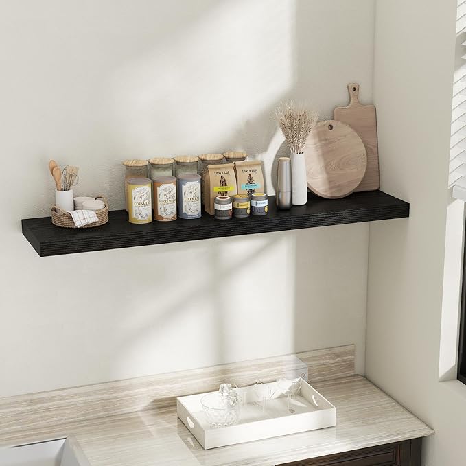 Fun Memories 55 Inch Fireplace Mantel Shelf, 12 Inch Deep Shelves for Display & Wall Storage, Rustic Wood Wall Shelf, Extra Long Floating Shelves for Bathroom Bedroom Living Room, Black, 1 Pack