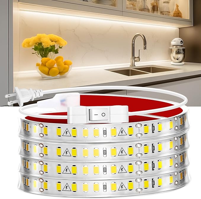 maylit Under Cabinet Strip Lighting Plug in 84in, Ultra Bright Small LED Light Bar, 2700K Warm White, Wired Lights for Kitchen Cabinet, Counter, Workbench, Desk, Closet, Shelf, Indoor