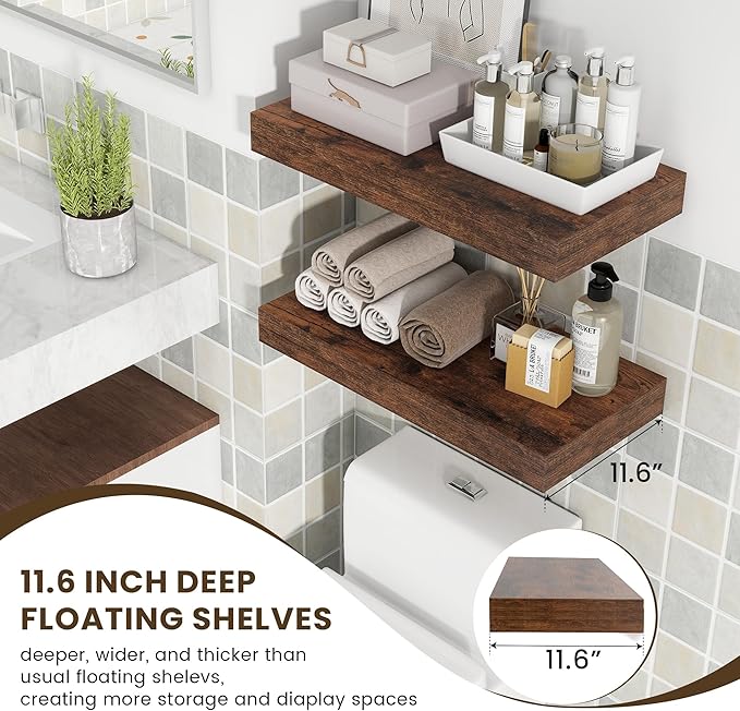 FLYJOE Deep Floating Shelves | 24 Inch Brown Floating Shelves Set of 2 | 12 Inch Deep Rustic Wood Shelves for Wall | 24" W x 12" D Brown Shelves for Living Room Bathroom Laundry Room Kitchen