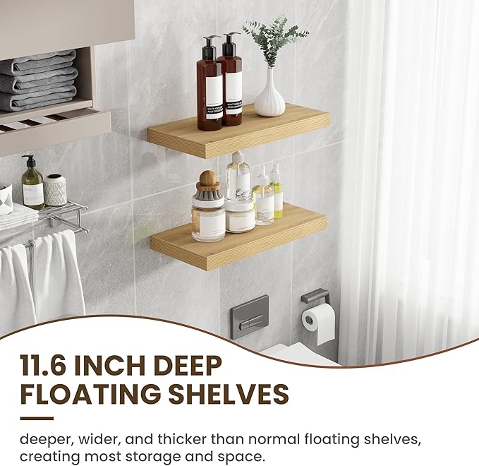 Acovy 24 Inch Floating Shelves, 12 Inch Deep Floating Shelves for Wall, Floating Shelf with Invisible Brackets, Deep Shelves for Bathroom, Bedroom, Living Room, 2 Pack, Natural