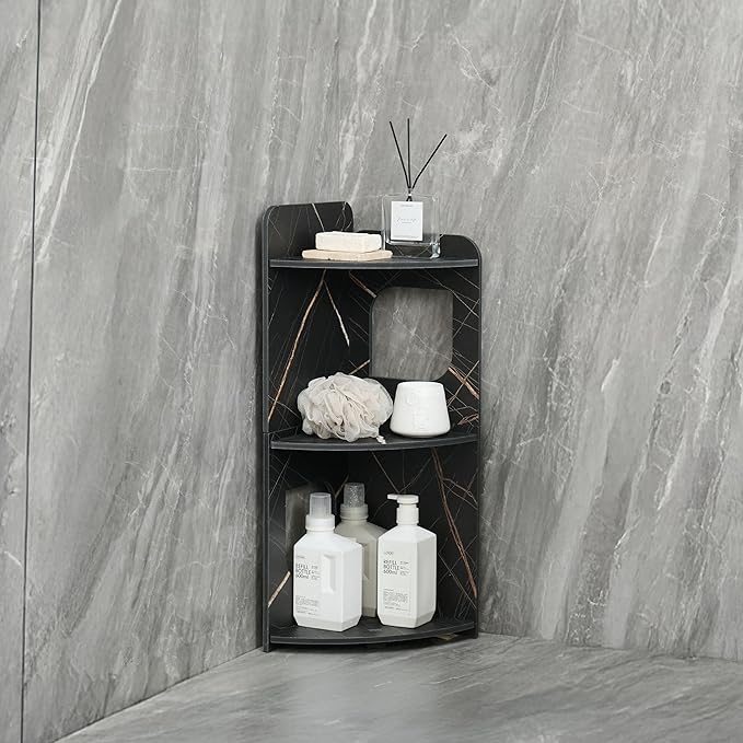 Black 3-Tier Small Corner Shelf Stand, Waterproof Bathroom Storage, Toilet Paper Storage, Corner Table for Small Spaces (Black)