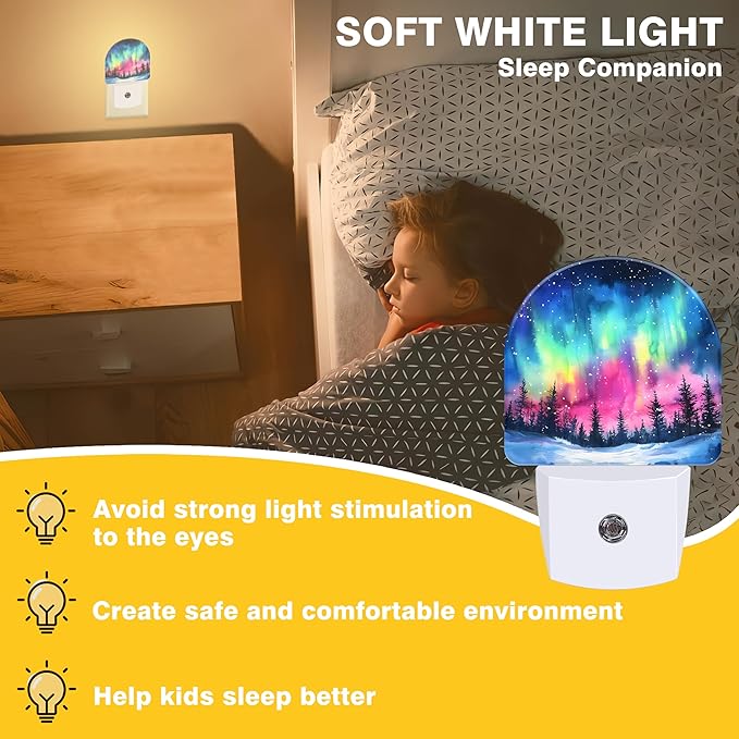 Night Light, Northern Lights in Winter Forest Sky Night Lights Plug into Wall Dusk to Dawn Sensor Round Nightlight for Women Men Energy Efficient Led Lamp 0.5W for Stairway Hallway Bedroom