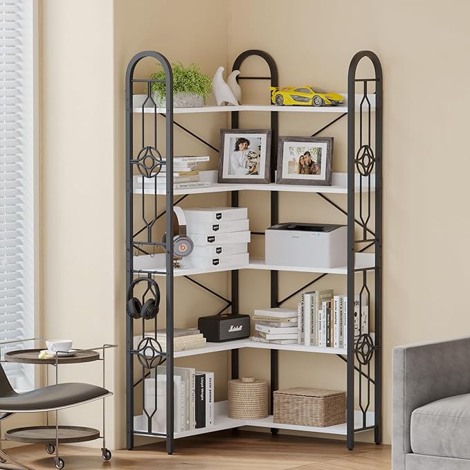 72" Corner Bookshelf, 5-Tier Tall Industrial Book Shelf, L-Shaped Bookcase with Metal Frame and Wood Laminate Shelves，Storage Display Shelving Unit for Living Room,Home Office