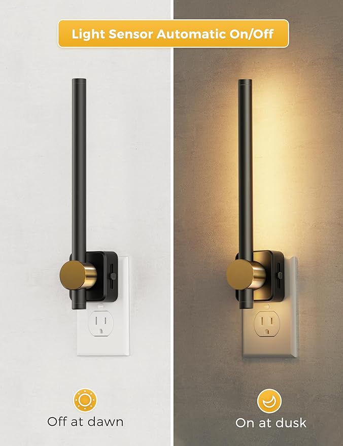 L LOHAS LED Night Light, Night Lights Plug into Wall, Dimmable Night Light 0-200LM, Nightlight Black and Gold Vanity Light Bar for Bathroom Bedroom, Soft White 3000K, Dusk to Dawn Sensor, 1Pack