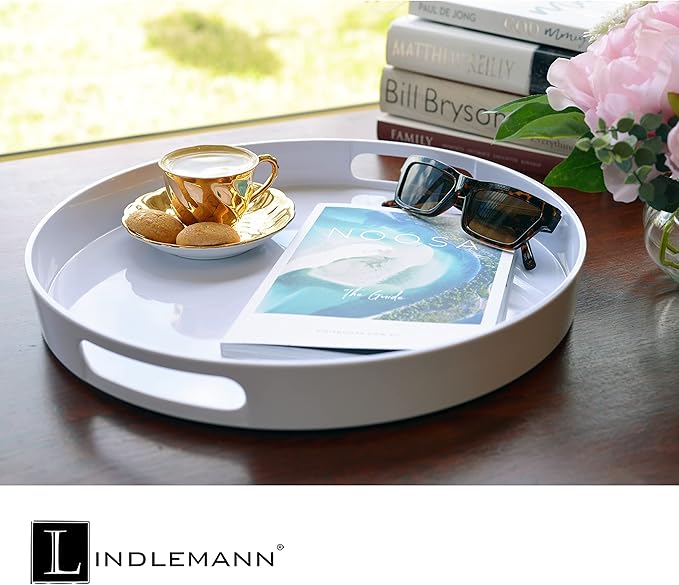 White Serving Tray Large Melamine Platter Round Breakfast Trays with Handles for Coffee Table Ottoman Living Room Home Décor Holiday Celebration & Party (13.5")