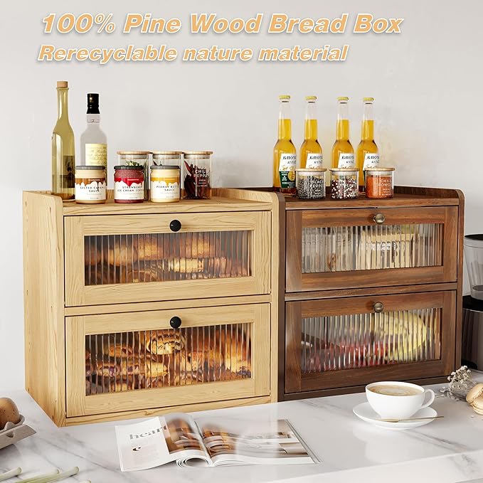 Alpeir Double Layer Large Bread Box for Kitchen Counter, Wooden Corner Bread Storage Container with Acrylic Window, Retro Brown