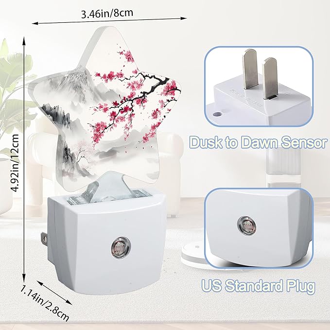 Cherry Blossoms Nightlight,Japanese Mountains Star Night Lights Plug into Wall Decorations for Bedroom Bathroom,Dusk to Dawn Sensor Kitchen Hallway Stairs Energy Efficient Desk Lamp