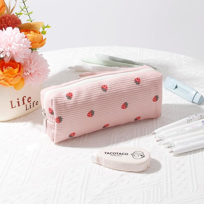 Pencil Case Lightweight Aesthetic Pen Case Office College School Storage Bag Pouch Holder Box Organizer Makeup Pouch Cosmetic Bag for Girls Boys Kids (Flowers-Pink strawberry)
