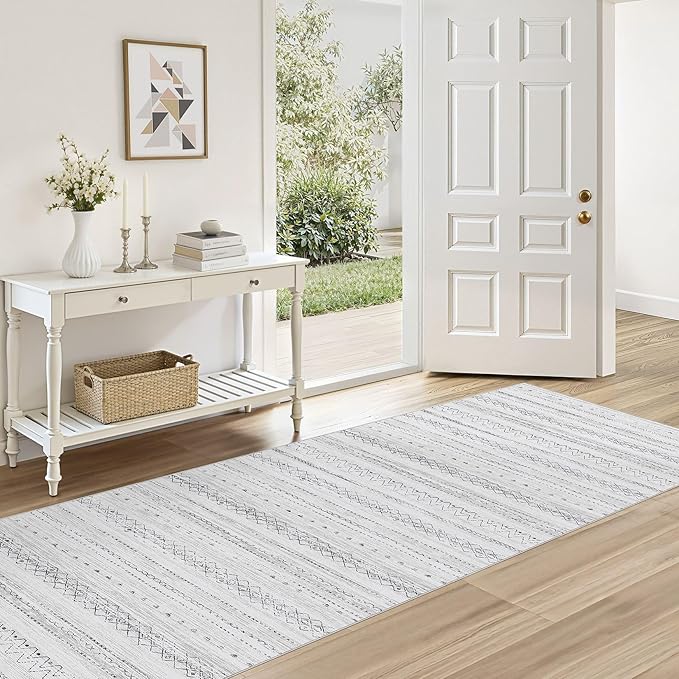 cotiled Hallway 2.6x8 Runner Rugs: Washable Boho Rugs with Non Slip Backing Large Soft Indoor Low Pile Carpet for Living Room Bedroom Farmhouse Dining Room Lightweight Home Decor Grey