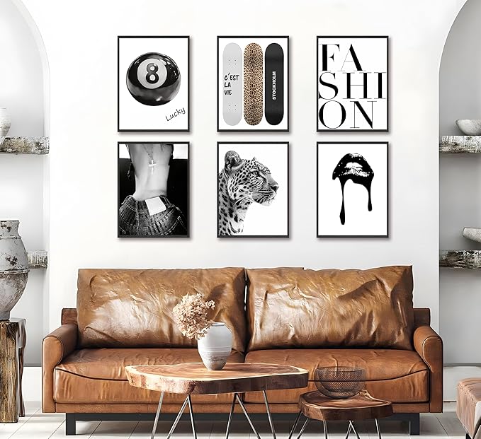 6 Piece Fashion Trendy Leopard Wall Art Black White Aesthetic Cheetah Posters Prints Lucky 8 Ball Lips Canvas Paintings for Girls Room Bedroom Apartment Dorm Decoration Unframed