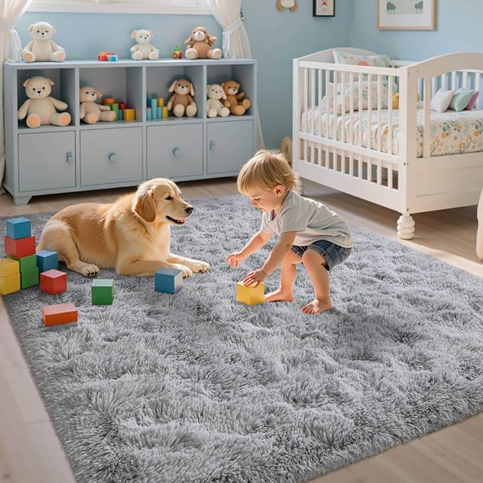 Grey Rugs for Bedroom Fluffy 4x6 ft Living Room Rug Non-Slip Area Rugs Shag Carpet for Nursery Kids Play Room Dorm Office Indoor Modern Plush Carpets Boys Light Gray