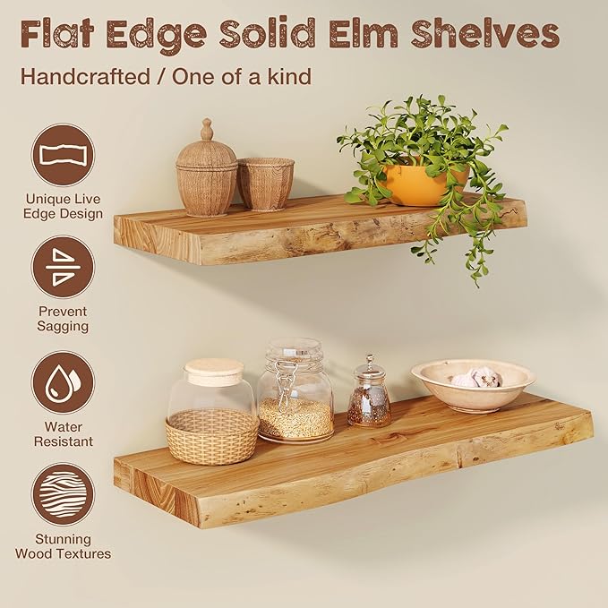 fuqing Live Edge Floating Shelves for Wall 30 inch, 8 Inch Deep Solid Elm Wood Floating Wall Shelves - Rustic Wooden Shelves with Invisible Brackets for Living Room Bedroom Kitchen, 2 Pack, Natural