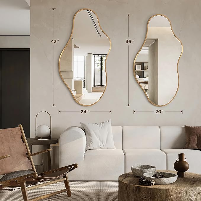 Dorlicecass Bathroom Mirrors for Over Sink - Long Wall Mirrors Decorative 24"x 43" Asymmetrical Abstract Aviation Aluminum Alloy Frame Unique for Bedroom, Living Room, Cloakroom, Entryway Gold