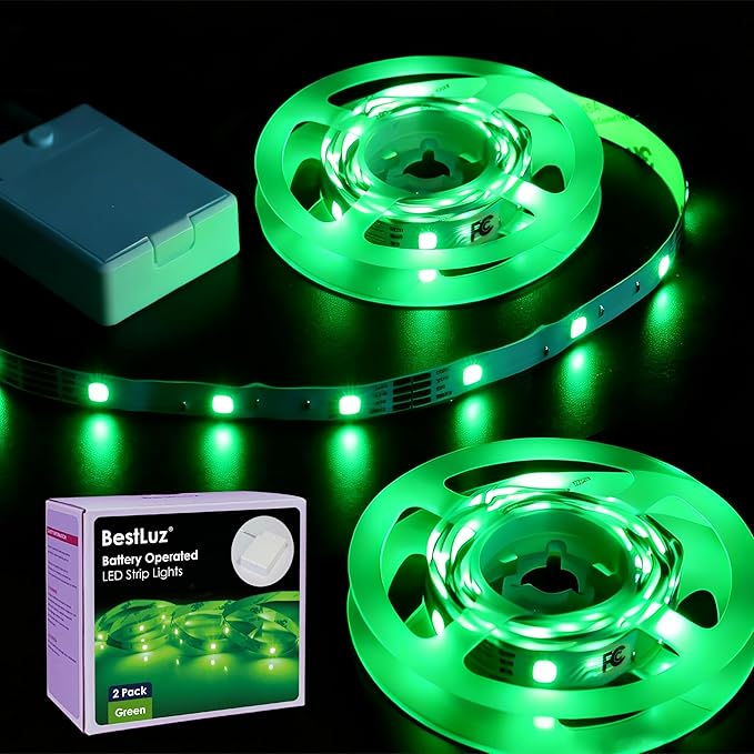 BestLuz Battery Powered LED Strip Lights 2X 3.33ft Flexible Green Light Strip for Bedroom Room Decor, Lighting for Cabinet Shelf Closet TV Backlight