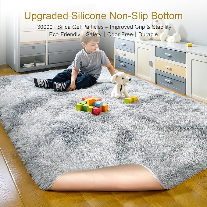 KICHOWUA Thick Area Rug Light Grey Shag Fluffy 5x8 for Bedroom Living Room Soft Plush Washable Fuzzy Carpet for Kids Baby Nursery Non Slip Cozy Furry Shaggy Rugs for Dorm Tie-Dye Gray