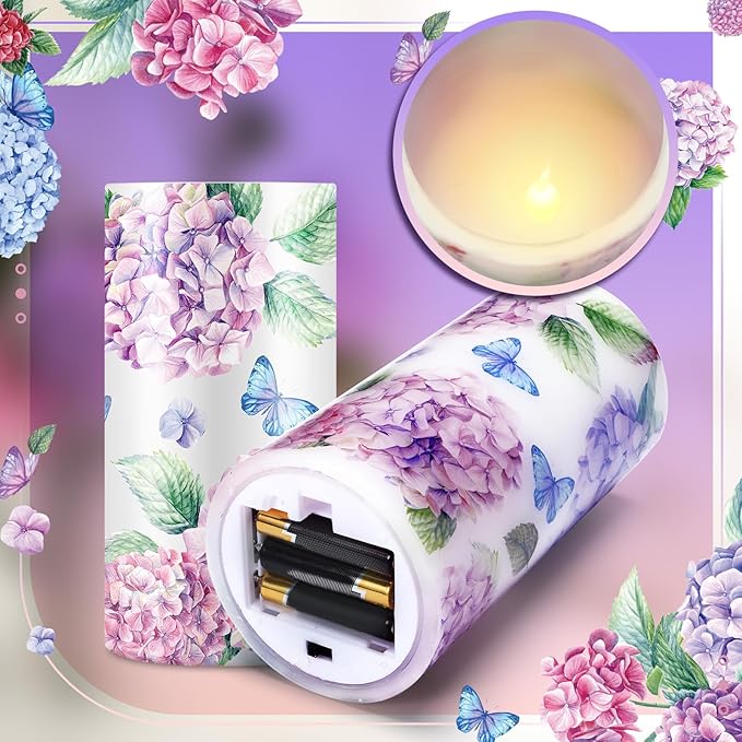 ROCEEI 3 Pcs Spring Flameless Candles Hydrangea Decoration Butterfly LED Candles with Remote Timer Battery Operated Flickering Floral Candle Real Wax Table Centerpiece for Home Easter Wedding Decor