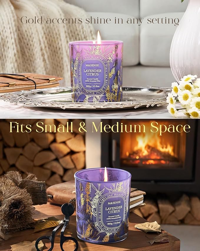 M&SENSE Lavender Citrus Scented Candle, Non Toxic Soy Wax Clean Burn, 55 Hours Long Burning 10.3oz, Stress Relief Fresh Home Fragrance Gift Ready Decor, Housewarming Gifts for Women