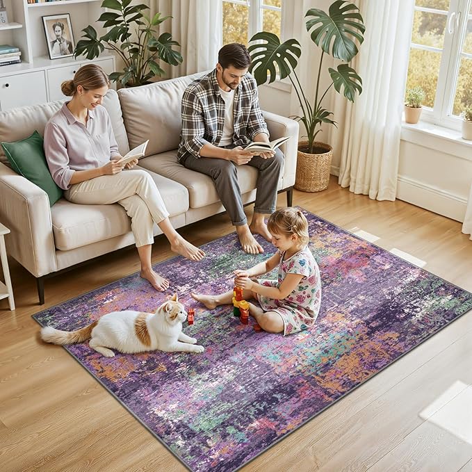 RELEANY Washable Area Rugs 4'x6' Non-Slip Modern Abstract Soft for Living Room Entryway Bedroom Nursery, Print Pattern, Purple Orange Blue Green Rust Red Colorful