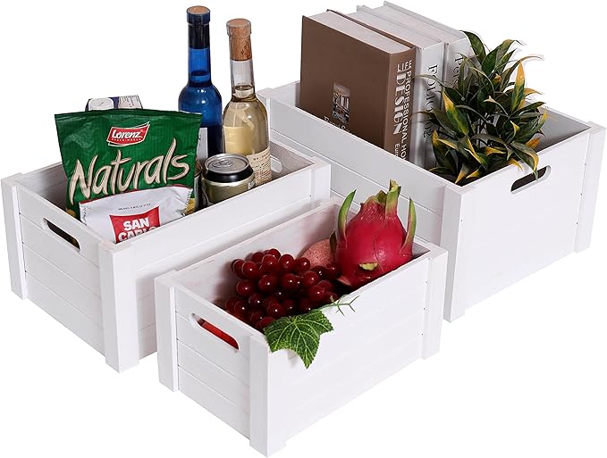 Farmhouse Modern White Wooden Crates For Storage,Rustic Decorative Boxes,Set Of 3 Extra Large Nesting Wooden Storage Crates For Home Decor,Handmade Natural Solid Wood Box (Morden White)