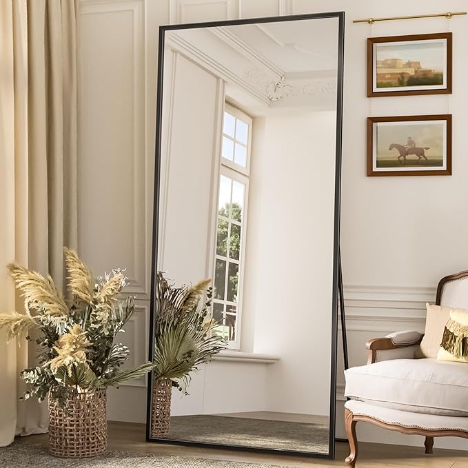 Antok Full Length Mirror, 71"x28" Floor Mirror with Stand, Hanging Mounted Mirrors for Bedroom, Living Room, Cloakroom, Dining Room, Black, Rect