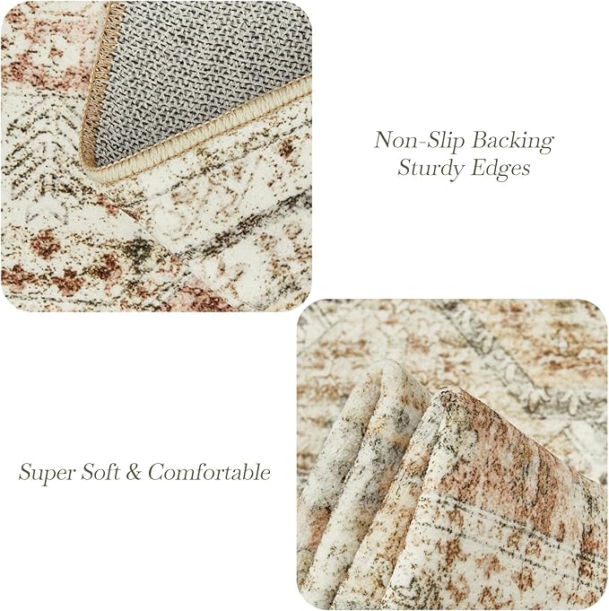 Soalmost Washable Area Rug 8x10, Large Soft Rugs for Living Room Vintage 8x10 Area Rugs for Bedroom Dining Room Non-Slip Stain Resistant Under Table Brown Pink Rug