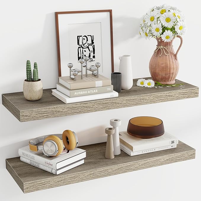 Acovy 36 Inch Floating Shelves, 12 Inch Deep Floating Shelves for Wall, Floating Shelf with Invisible Brackets, Deep Shelves for Bathroom, Bedroom, Living Room, 2 Pack, Vintage Gray Oak