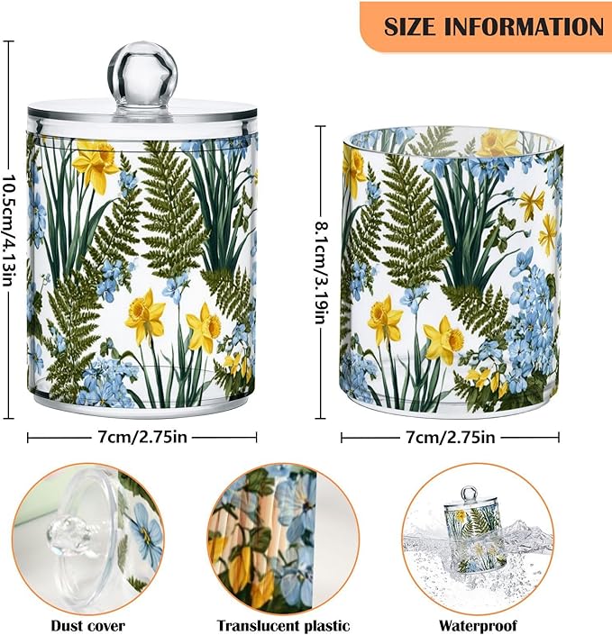 2 Pack Apothecary Jars Vibrant Wildflower Garden Floral Bathroom Vanity Storage Organizer Set,Small Clear Plastic Storage Jars Bathroom Canister for Cotton Swabs, Rounds, Balls, Qtips,Makeup Sp