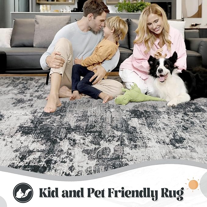 XLUEZ 8x10 Area Rugs for Living Room, Washable Modern Abstract Large Area Rug Neutral Soft Non Slip Kids Rug Stain Resistant Indoor Carpet for Bedroom Nursery Dining Room Playroom(Black, 8'x10')