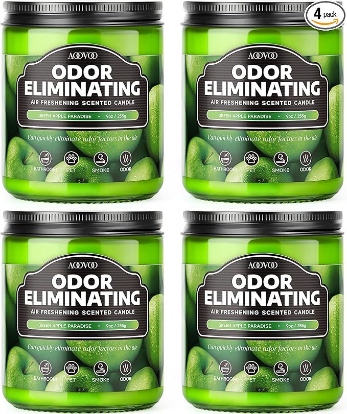 AOOVOO 4 Pack Green Apple Odor Eliminating Highly Fragranced Candle - Eliminates 95% of Pet, Smoke, Food, and Other Smells Quickly, Non Toxic Air Freshing Soy Candle