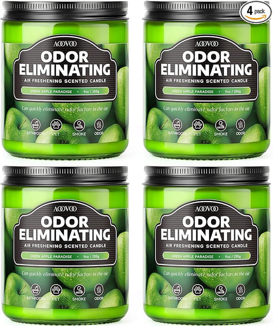 AOOVOO 4 Pack Green Apple Odor Eliminating Highly Fragranced Candle - Eliminates 95% of Pet, Smoke, Food, and Other Smells Quickly, Non Toxic Air Freshing Soy Candle