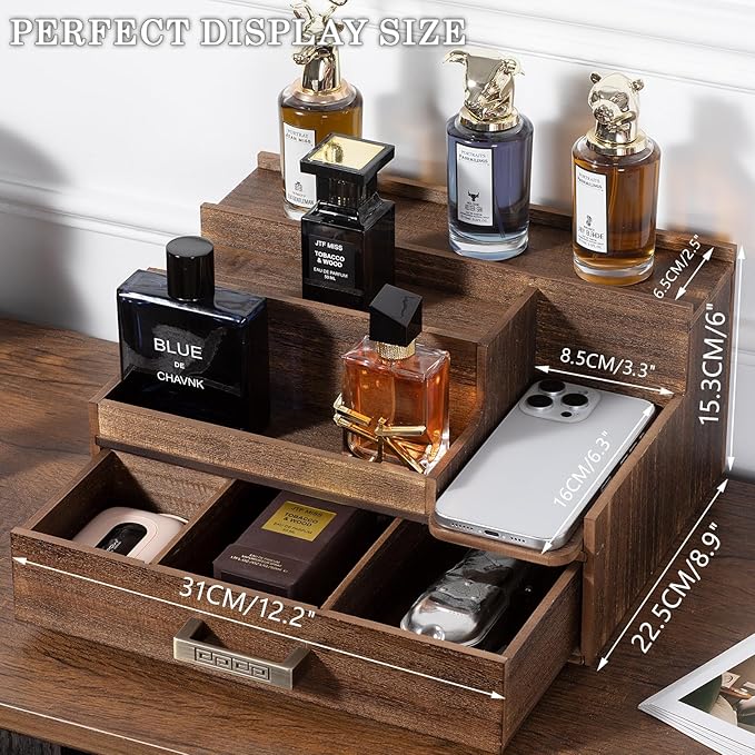 Cologne Organizer for Men, 3 Tier Perfume Display Stand with Drawer and Hidden Compartments, Stylish Wooden Mens Cologne Holder for Dresser Storage, Great Gift for Men/Fathers, Deep Brown